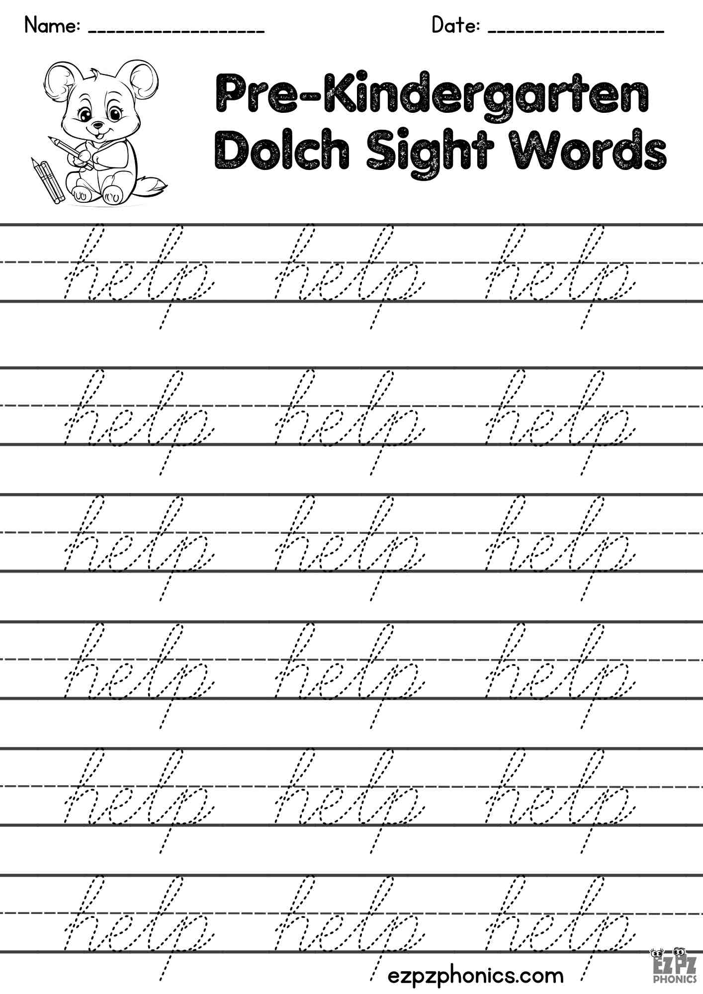 The Word Help Cursive Writing Practice – Pre-K Dolch Sight Words Free PDF Download
